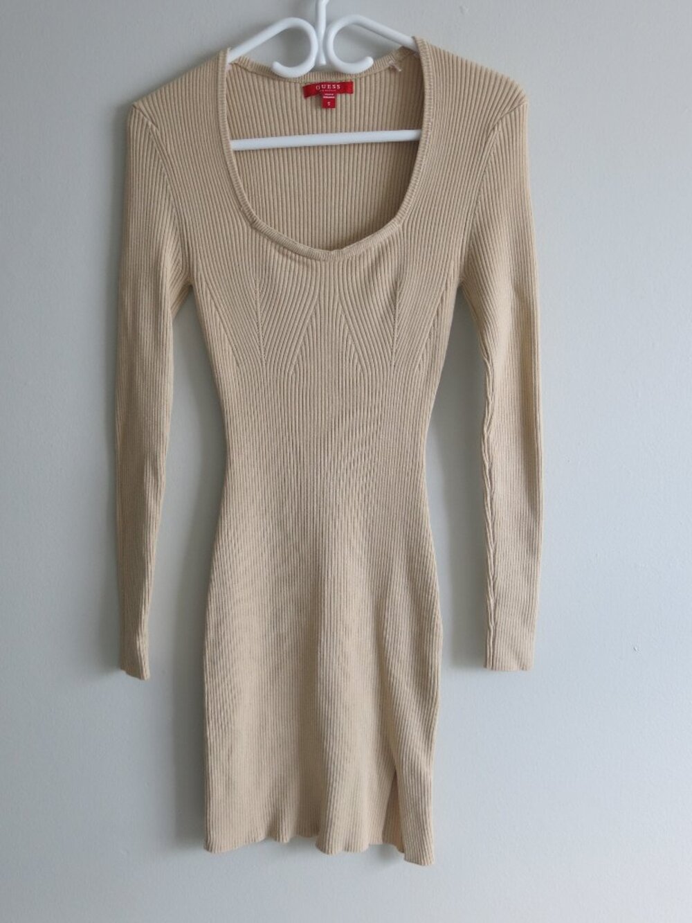 Guess Ribbed Wide Scoop Neck Long Sleeve Fitted Bodycon Mini Dress - Size Small